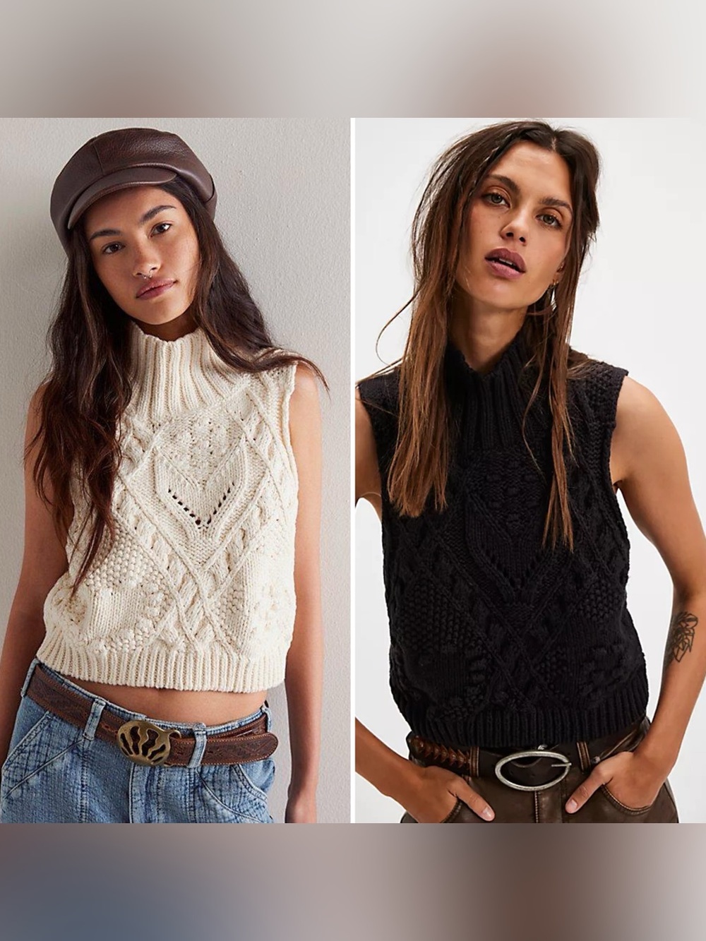 BUNDLE OF 2: Free People ‘Sasha’ Cable-Knit Sleeveless Turtleneck Vests